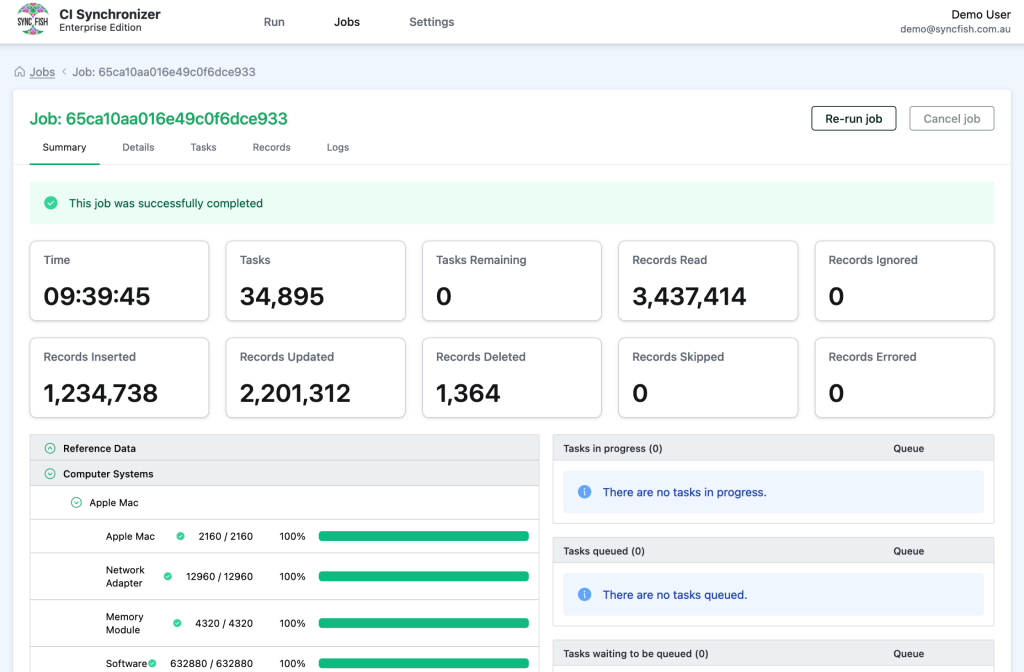 Screenshot of CI Synchronizer UI showing a job detail screen.